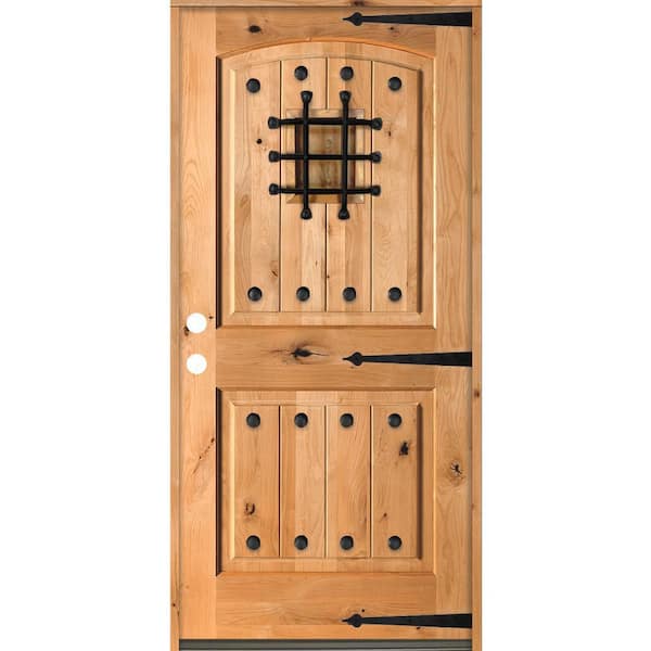 Krosswood Doors 36 in. x 80 in. Mediterranean Knotty Alder Arch Top Clear Stain Right-Hand Inswing Wood Single Prehung Front Door