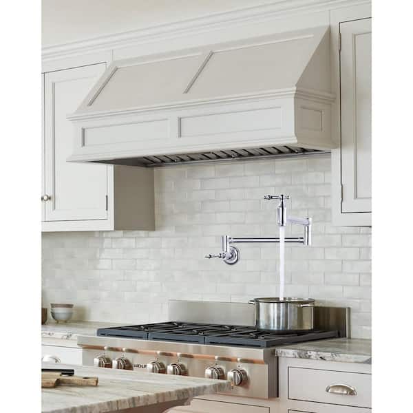 Brass Wall Mouned Pot Filler Kitchen Faucet, Modern Kitchen Faucet with Double Joint Swing Arm in Polished Chrome