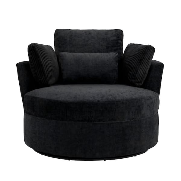 Black Cotton Upholstered 360° Swivel Accent Barrel Chair with Corduroy Pillows (Set of 1)