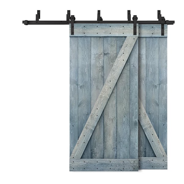 96 in. x 84 in. Z-Bar Bypass Denim Blue Stained DIY Solid Wood Interior Double Sliding Barn Door with Hardware Kit