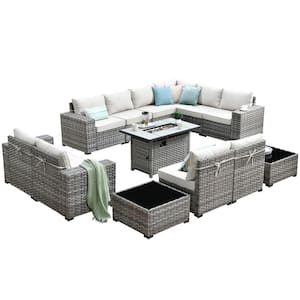 Tahoe Grey 13-Piece Wicker Wide Arm Outdoor Patio Conversation Sofa Set with a Fire Pit and Beige Cushions