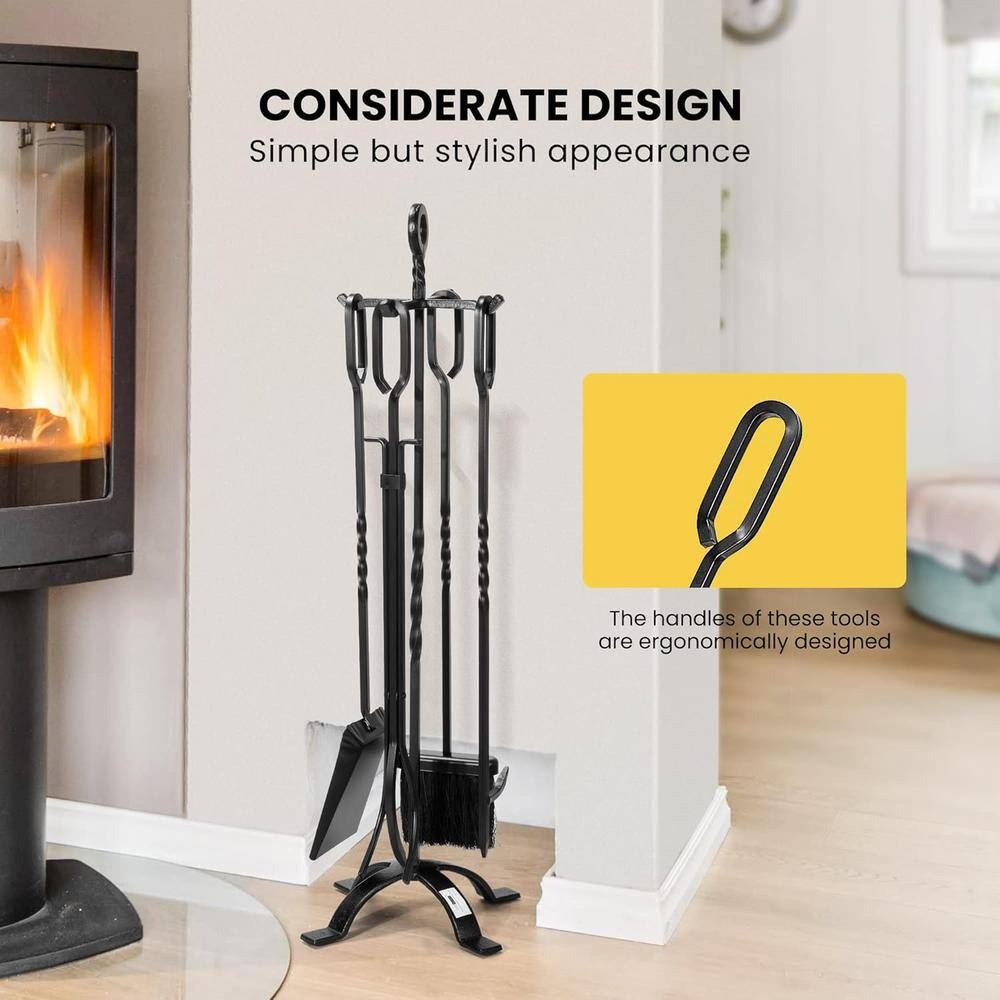 Modern Black Wrought Iron 5-Piece Fireplace Tool Set