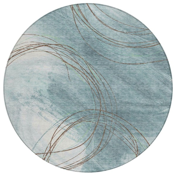 Chantille Machine Washable Indoor/Outdoor Abstract ACN2396 Teal 8 ft. x 8 ft. Round Rug