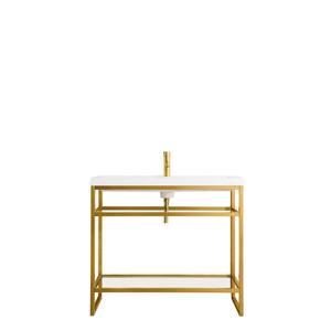 Boston 39.5 in. Double Console in Radiant Gold with Resin Vanity Top in White Glossy with White Basin