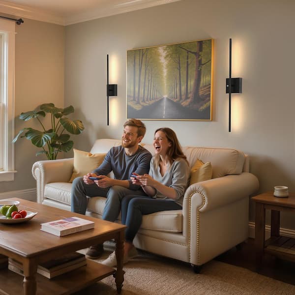28 in. Black LED Wall Sconce 2-Pack, Wireless Motion Sensor 3000K-6000K Dimmable Wall Lamps with Timer for Bedroom