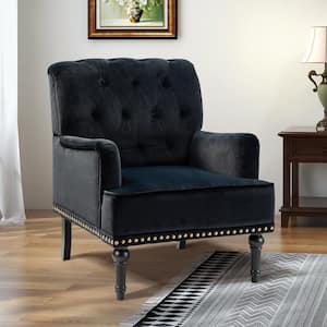 Enrica Black Tufted Comfy Velvet Armchair with Nailhead Trim and Rubberwood Legs