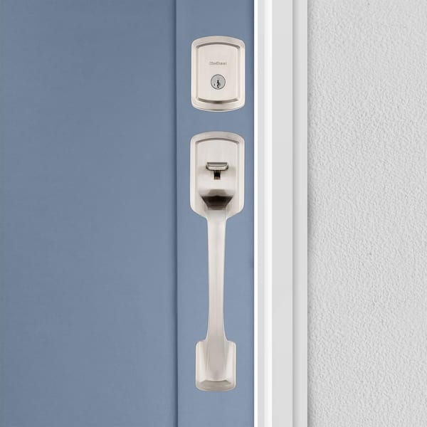 Prague Satin Nickel Single Cylinder Entry Door Handleset with Round Pismo Knob Featuring SmartKey Security