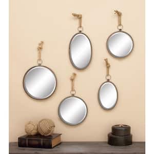 22 in. x 13 in. Round Framed Gray Wall Mirror with Hanging Rope (Set of 5)