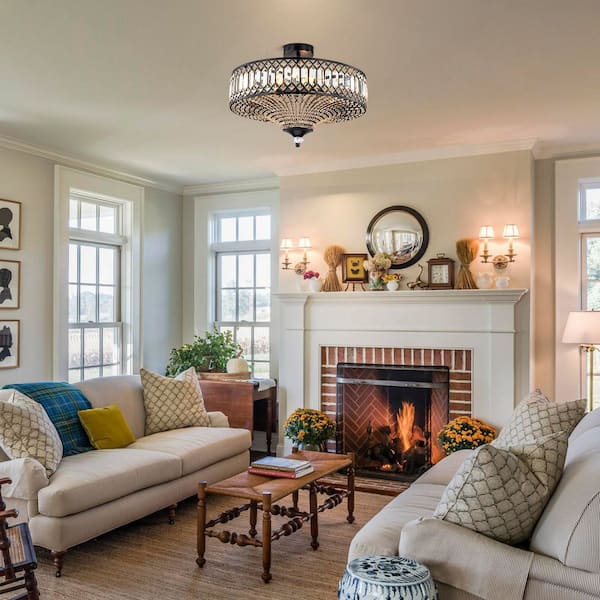 19.6 in. 6-Light Black Drum Semi-Flush Mount Ceiling Light with Crystal Accents