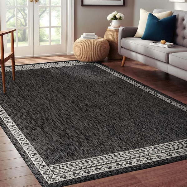 Frame Dark Gray 6 ft. x 9 ft. Geometric Bordered Washable Indoor Outdoor Area Rug