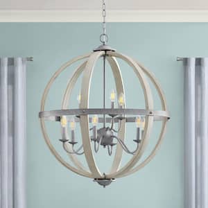 Keowee 28-1/4 in. 9-Light Silver Coastal Farmhouse Orb Chandelier Light with White Wood Accents for Dining