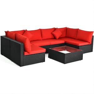 7-Piece Black Wicker Patio Conversation Set with Red Cushion and Pillow