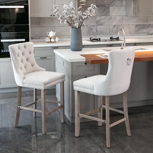 Jilla 27.2 in. Beige High Back Rubberwood Button-Tufted Bar Stools with Upholstered Velvet Seat, Nailhead Trim, Set of 2