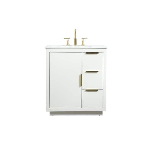 Unbranded Simply Living 30 in. W x 19 in. D x 34 in. H Bath Vanity in White with Calacatta White Engineered Marble Top