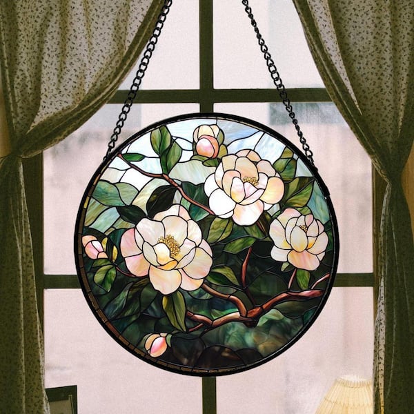Pink Flowers Green Leaf Sun Catcher Plant Stained Glass Art Glass