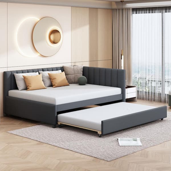 Harper & Bright Designs Gray Full Size Linen Upholstered Wood Daybed with Trundle