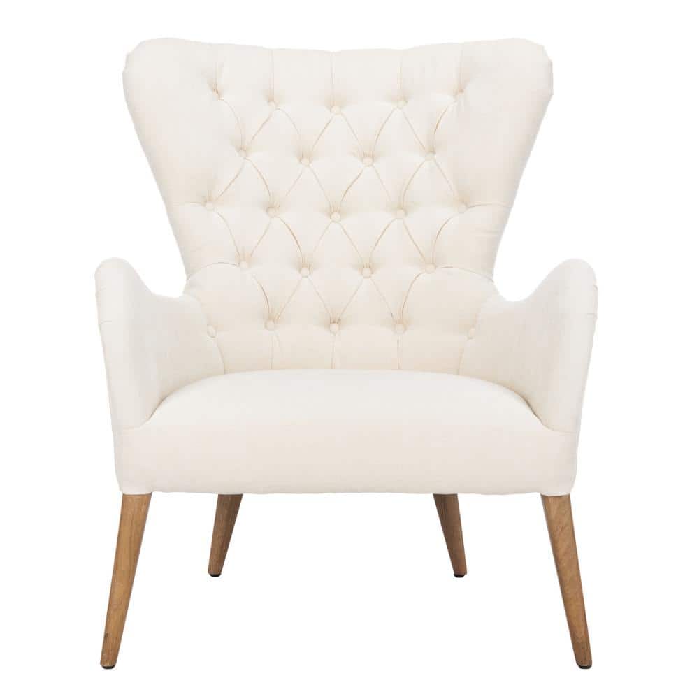 Off-White Tufted Wingback Accent Chair with Wood Legs