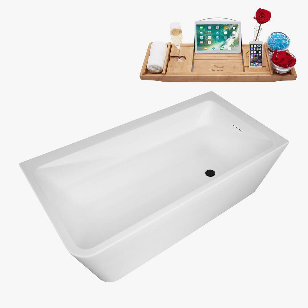 59" Glossy White Acrylic Freestanding Soaking Tub with Matte Black Trim