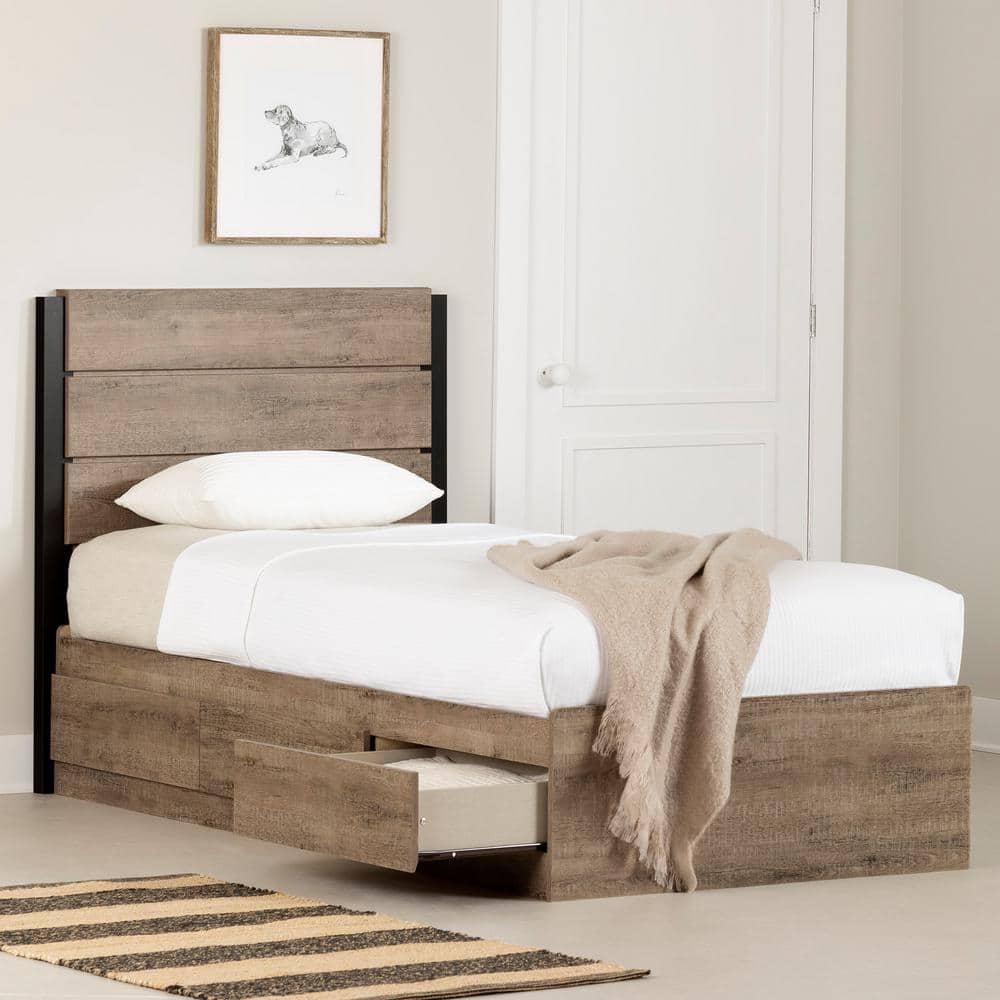 Twin Weathered Oak Platform Bed with Storage Drawers