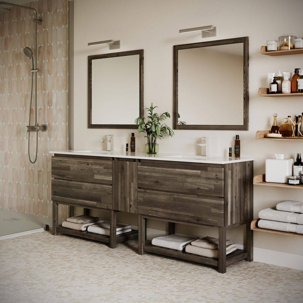Acacia Wood 84" Double Sink Vanity with Quartz Top