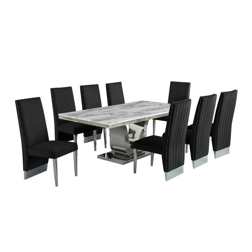 Silver Stainless Steel 9 Piece Dining Set with Marble Table and Black Velvet Chairs