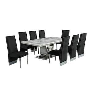 Ada 9-Piece White Marble Top With Stainless Steel Base Table Set With 8 Black Velvet, Nail Head Trim Chairs