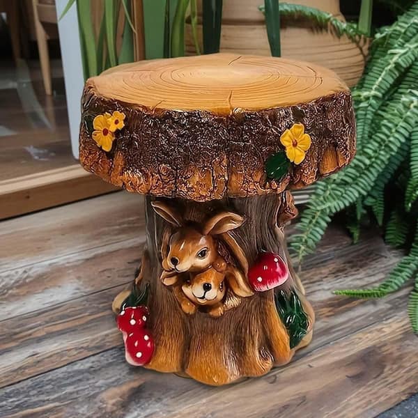 Resin Garden Statue,Fairy House Statue,Rabbit Garden Stool Statue,Garden Resin Stool,in/Outdoor Stool Sculpture Decor