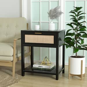 1-Drawer Black Nightstand Mid Century End Table W/Open Shelf Rattan Bedside Table 20 in. W x 16 in. D x 24 in. H
