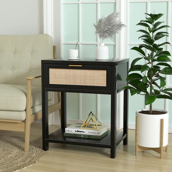 Aupodin 1-Drawer Black Nightstand Mid Century End Table W/Open Shelf Rattan Bedside Table 20 in. W x 16 in. D x 24 in. H