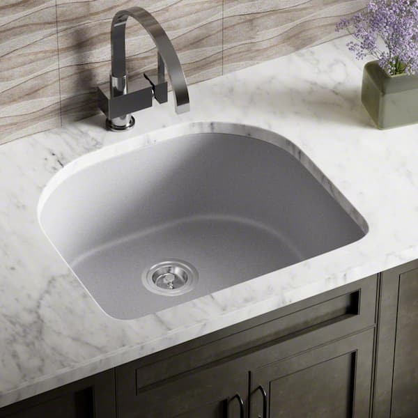 MR Direct Silver Quartz Granite 25 in. Single Bowl Undermount Kitchen Sink with Strainer