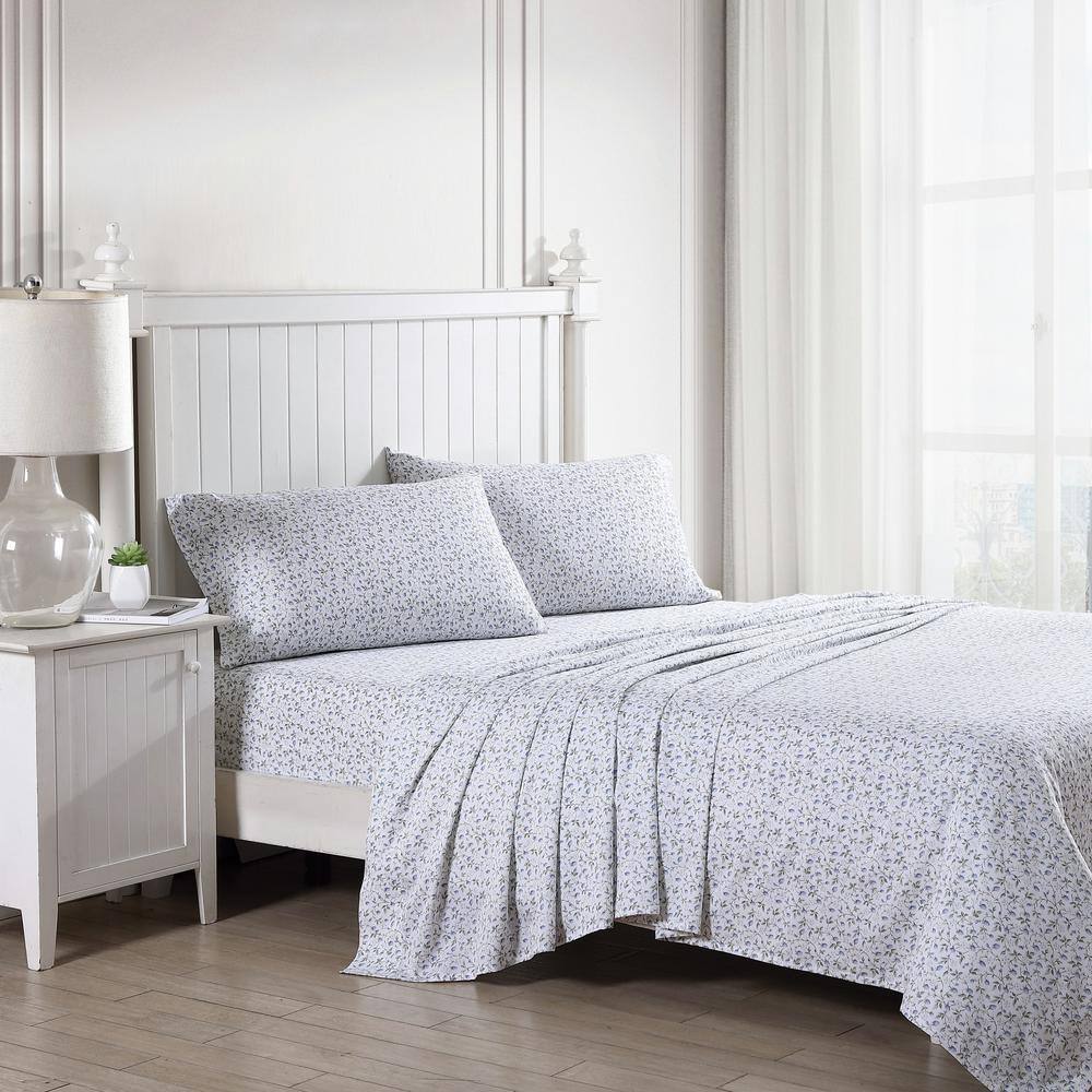 King Blue Cotton Sateen Floral Print Sheet Set