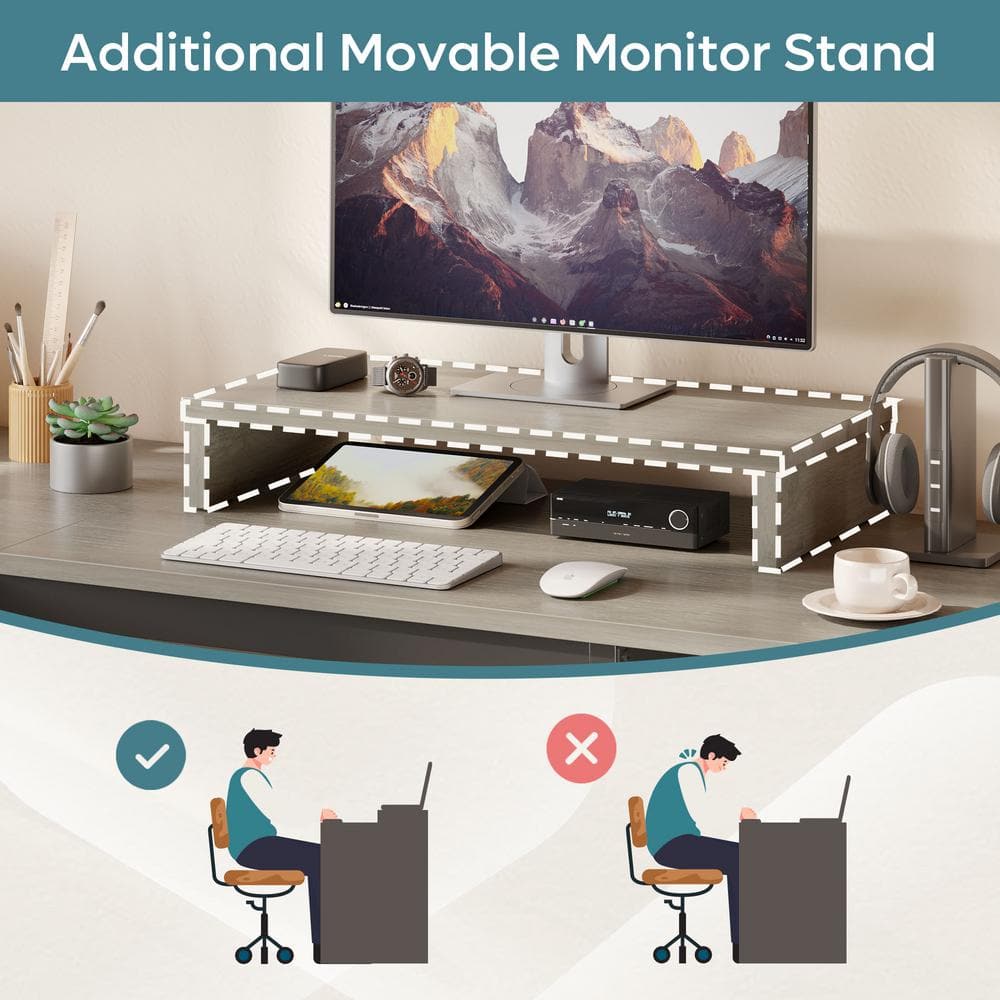 Retro Grey Oak L-Shaped Adjustable Height Desk with Filing Cabinet