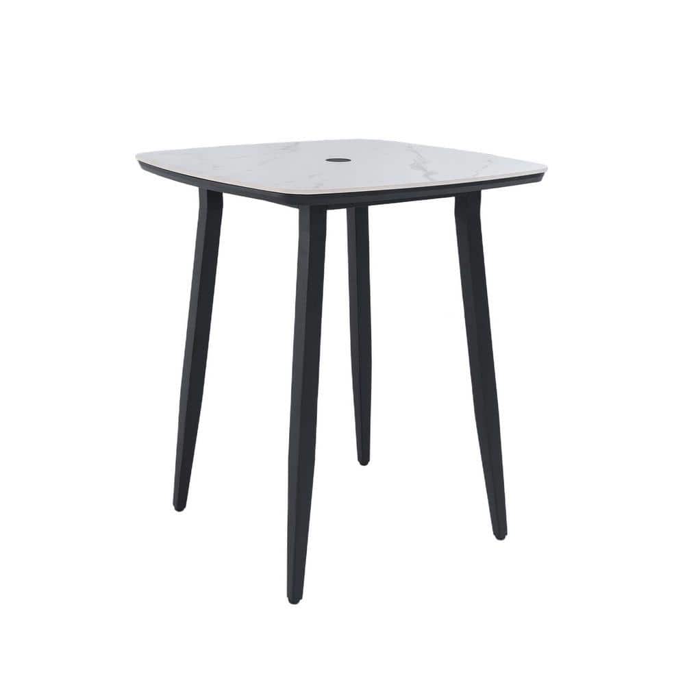 Kahomvis black square outdoor dining table with white marble-inspired top.