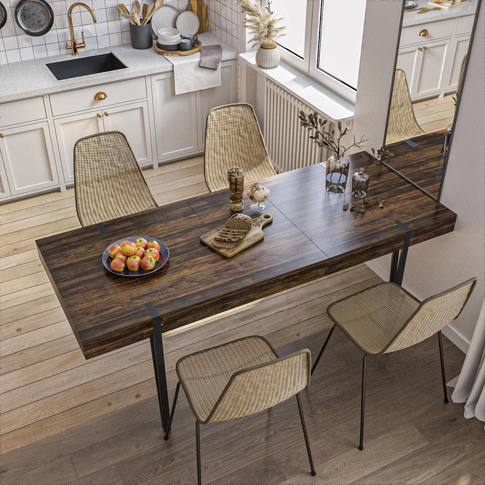 Brown Walnut Grain Wood 78.7 in. W Extendable 4 Legs Dining Table Meeting Table Seat 6