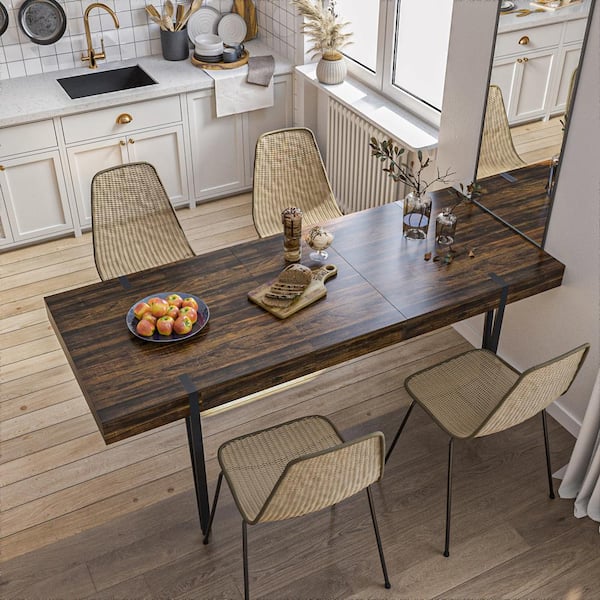 FUFU&GAGA Brown Walnut Grain Wood 78.7 in. W Extendable 4 Legs Dining Table, Meeting Table Seat 6+
