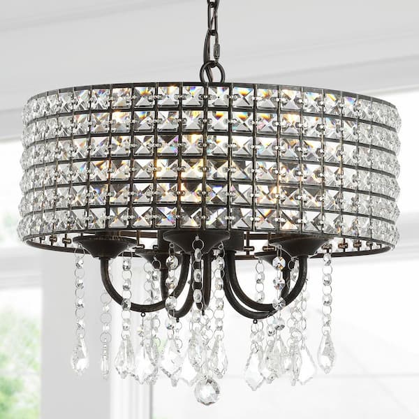 JONATHAN Y Reese 17" Metal/Crystal Adjustable LED Drop Chandelier, Black/Gold