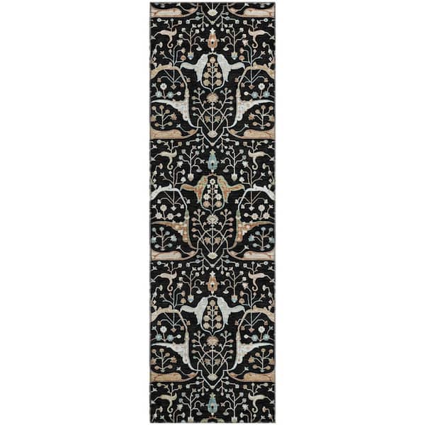 Mayfield Premium Machine Washable Abstract AMF2250 Black 2 ft. x 7 ft. Runner Rug