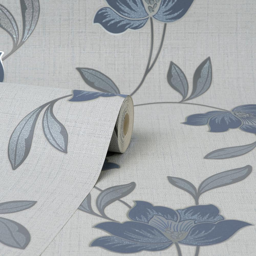 Medley Blue and Gray Vinyl Botanical Wallpaper