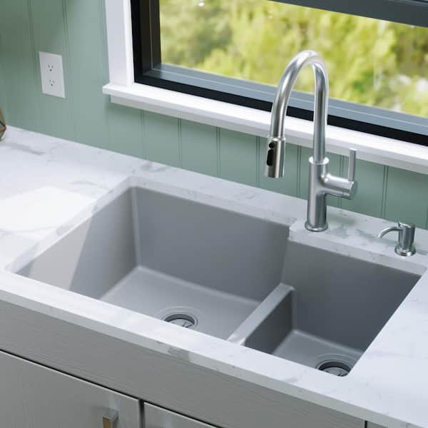 Karran Quartz/Granite Grey 33 in. 60/40 Double Bowl Composite Undermount Kitchen Sink