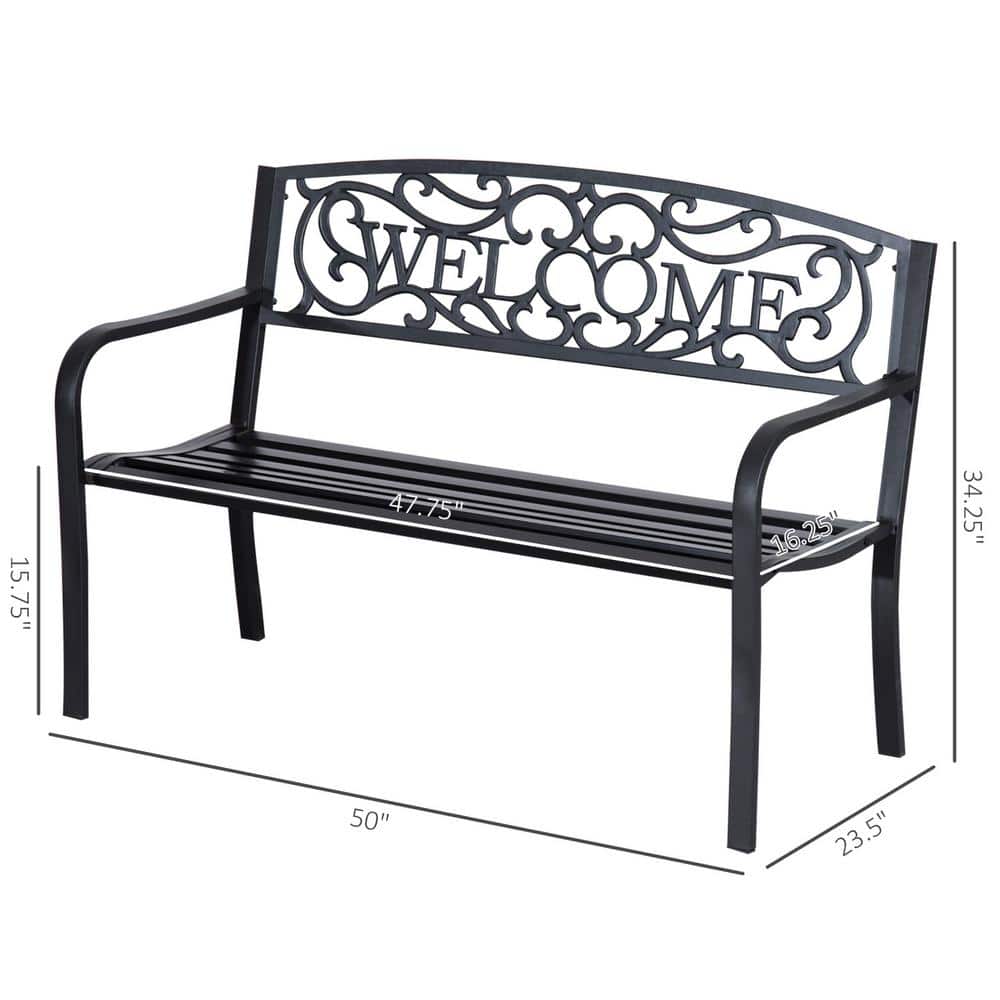 Black 50" Outdoor Metal Welcome Bench with Vine Motifs