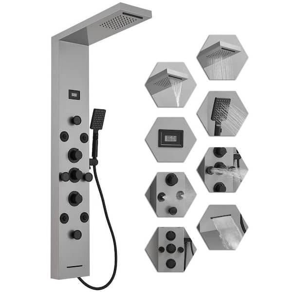 8-Jet Rainfall Shower Tower Shower Panel System with Rainfall Waterfall Shower Head and Shower Wand in Black Nickel
