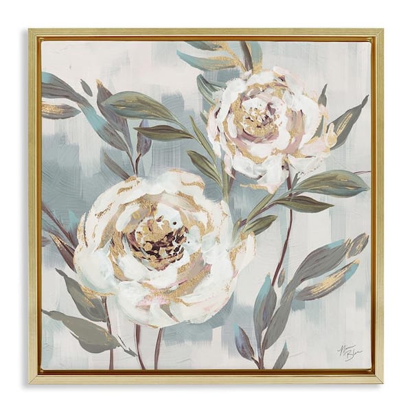 Stupell Industries Two Country Blossoms by Nina Blue Gold Floater Frame Nature Graphic Art Print 25 in. x 25 in.