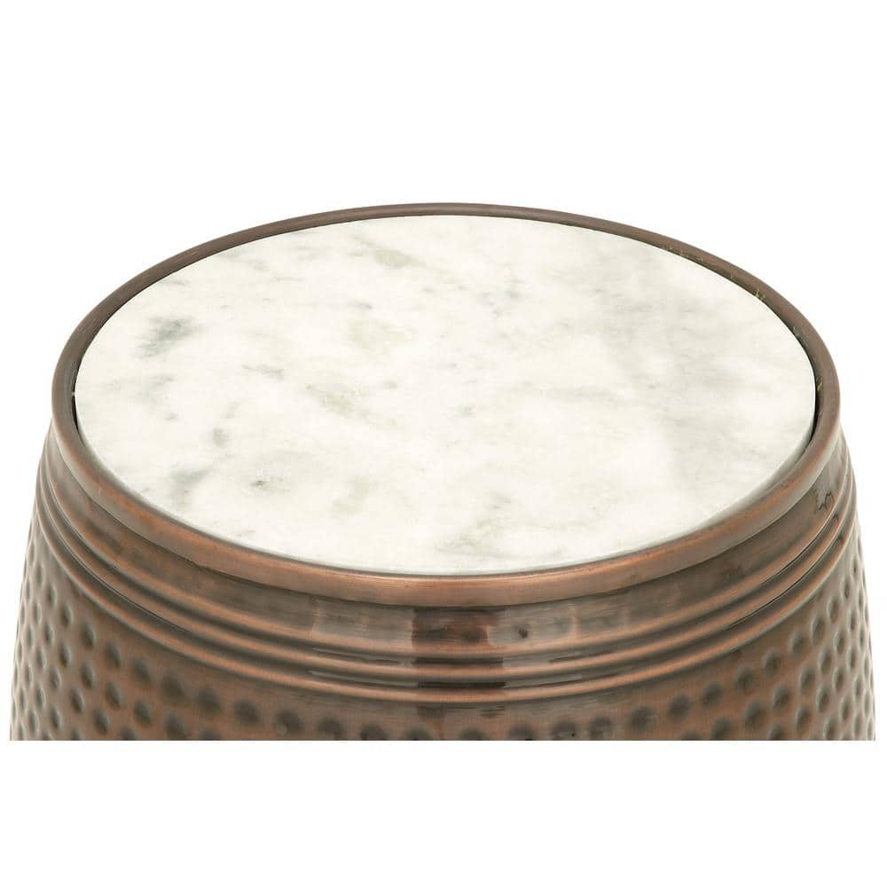 Copper Hammered Barrel Side Table with White Marble Top - 16"x19"
