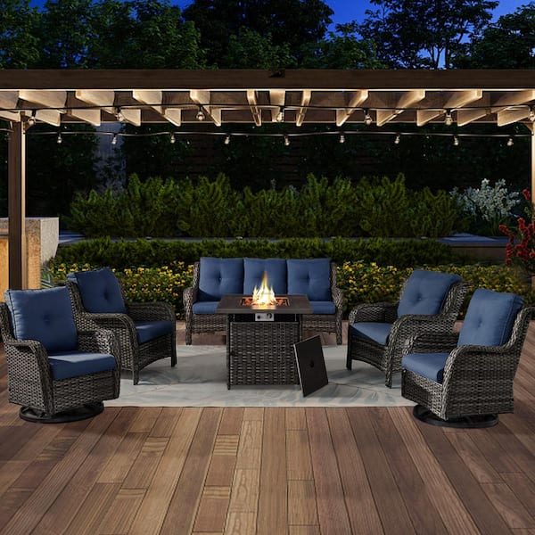 Opohoro ArcoBay 6-Piece Gray Wicker Patio Square Fire Pit Conversation Set with Navy Blue Cushions and Swivel Rocking Chairs