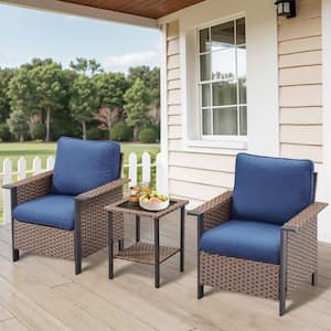 Nyajiah 3-Piece Wicker Patio Conversation Set with Blue Cushions