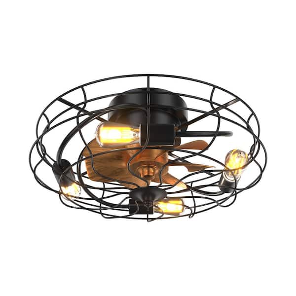 Sunpez 20 in. Indoor Industrial Small Black Flush Mount Caged Ceiling Fan with Remote Control and Reversible DC Motor, E26