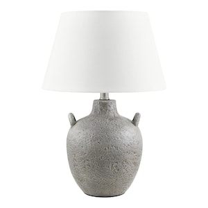 Ripken 19.25 in. Grey Textural Artisan 1-Light Ceramic Table Lamp with White Fabric Bell Shade