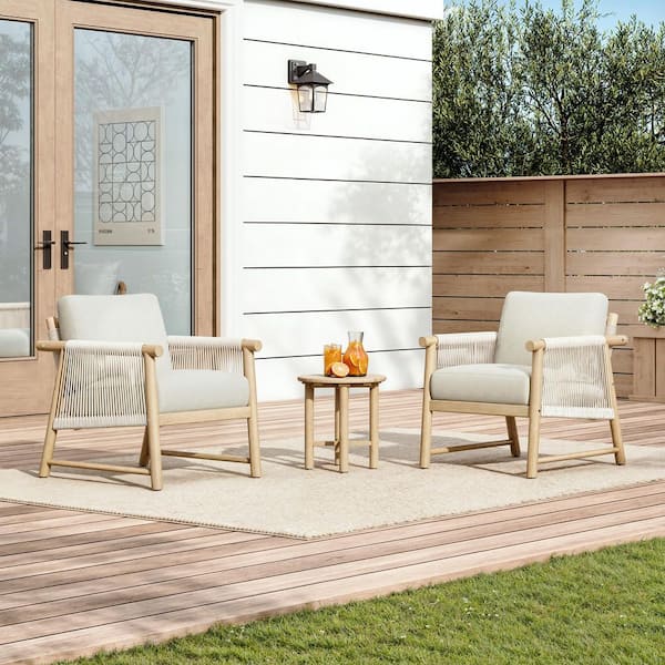 Miles 3-Pieces Cream Fabric Handwoven Rope Swivel Accent Chairs Side Table Set with Solid Wood Frame and Plush Cushions
