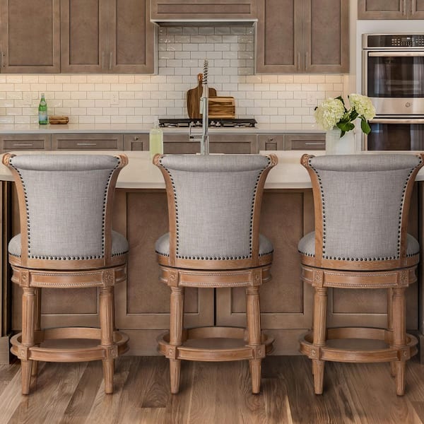 Chapman 26 in.. Weathered Natural High Back Wood Swivel Counter Stool with Gray Upholstered Seat, 1-Stool