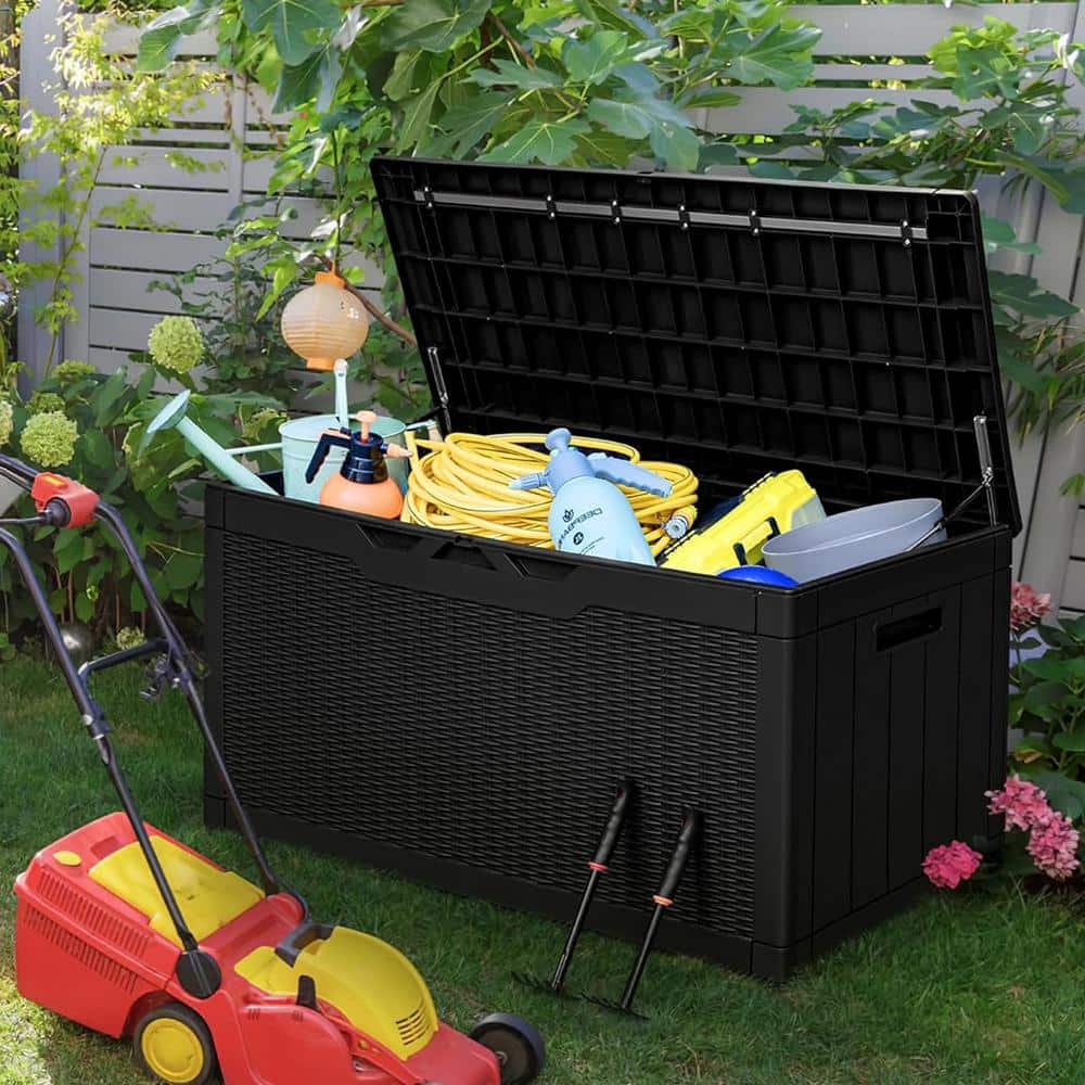 Large Black Resin Wicker Lockable Deck Box with Cushion